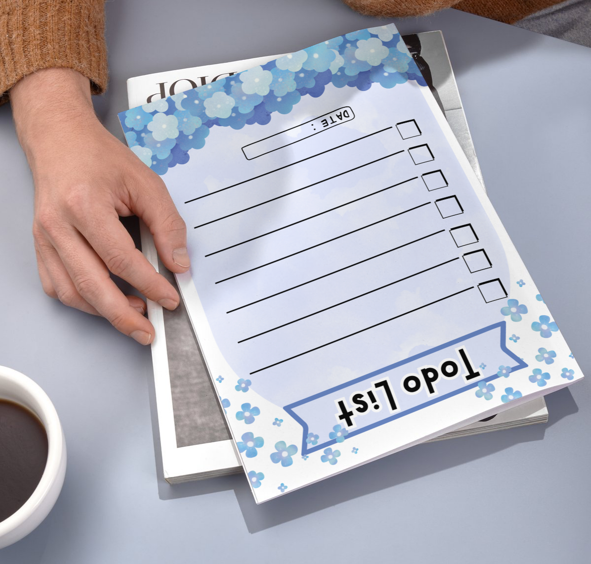 Todo List Note Pads with Blue Blossom Design